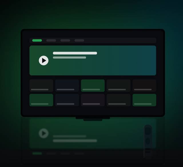 Cinematic streaming interface on a modern TV, representing IPTV Apple TV UK setup